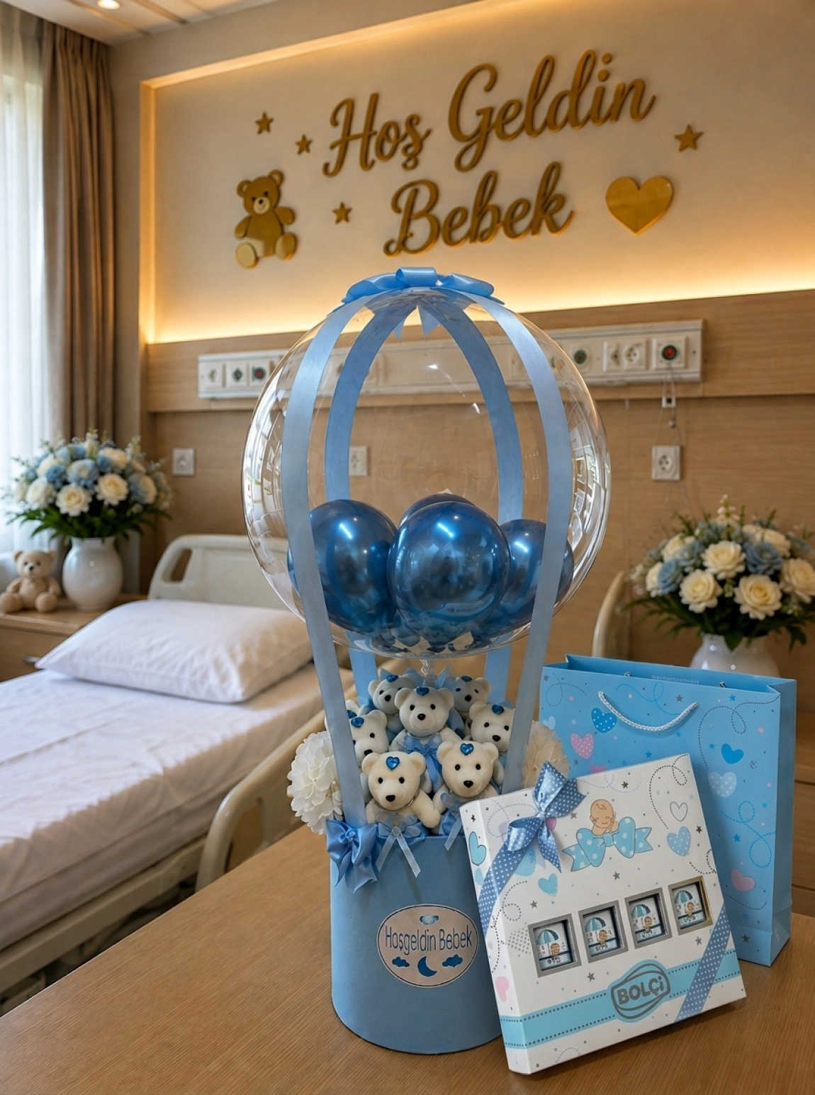Balonlu Kutu Arajmanı Erkek Bebek İçin Bolçi Hediye Çikolata İle Birlikte