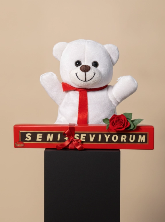 Beyaz Peluş Ayıcık Seni Seviyorum Çikolatalı Kırmızı Gül Hediyeli
