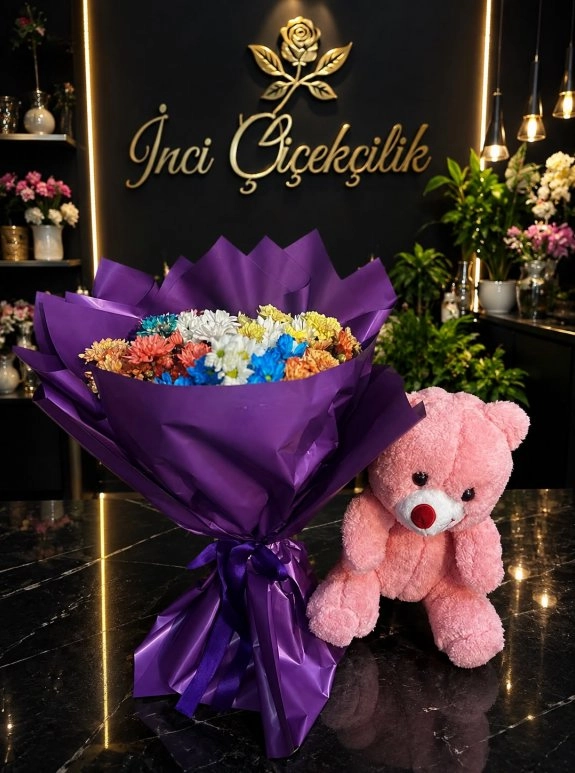 Karışık Renklerde Papatya Peluş Ayı Hediyeli